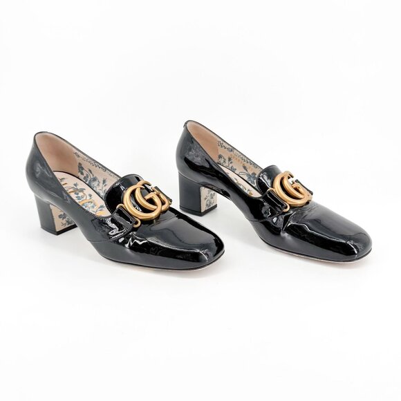 Gucci Shoes - Gucci Victoire GG Block Heel Pumps Size 39.5 US 9.5 Black Patent Logo Loafer